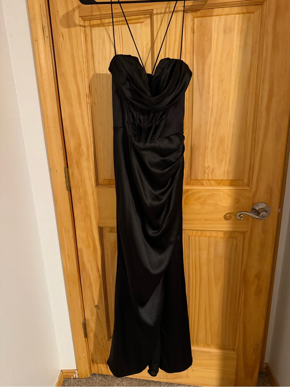 Gianni Bini Black Strapless Satin Gown with Cowl Neck